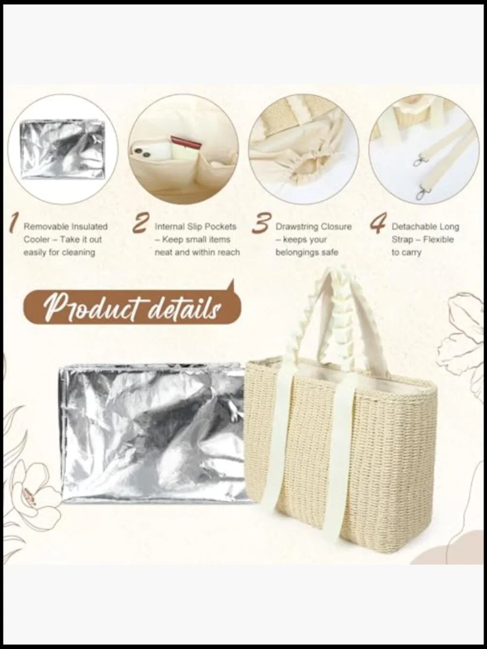 Insulated Cooler Tote Bag Handwoven Corn Husk Large 14L Travel Picnic